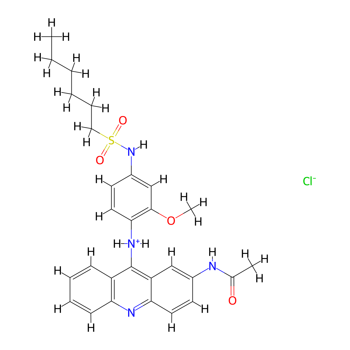 1-Hexanesulfonanilide, 4'-(3-acetamido-9-acridinylamino)-3'-methoxy-, hydrochloride, dihydrate molecular structure, CAS 71802-81-8