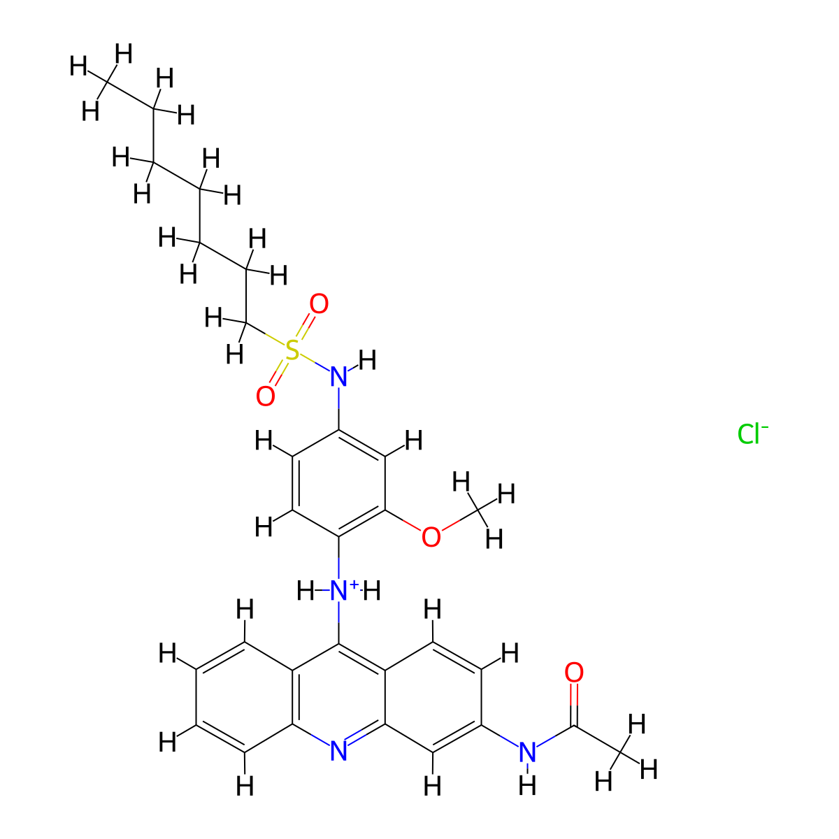1-Heptanesulfonanilide, 4'-(3-acetamido-9-acridinylamino)-3'-methoxy-, hydrochloride, dihydrate molecular structure, CAS 71802-82-9