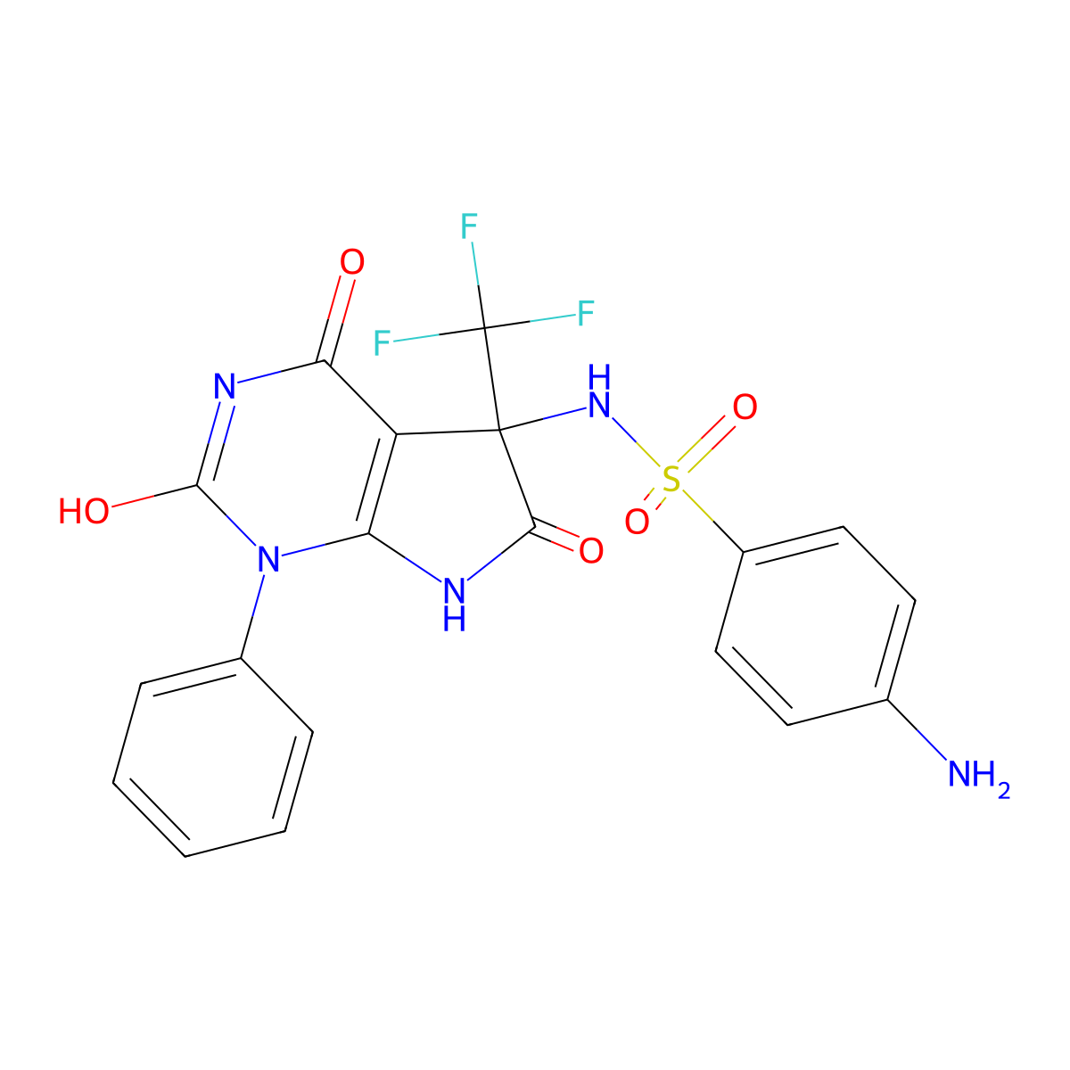 4-amino-N-[2,4,6-trioxo-1-phenyl-5-(trifluoromethyl)-7H-pyrrolo[2,3-d]pyrimidin-5-yl]benzenesulfonamide molecular structure, CAS 718600-44-3