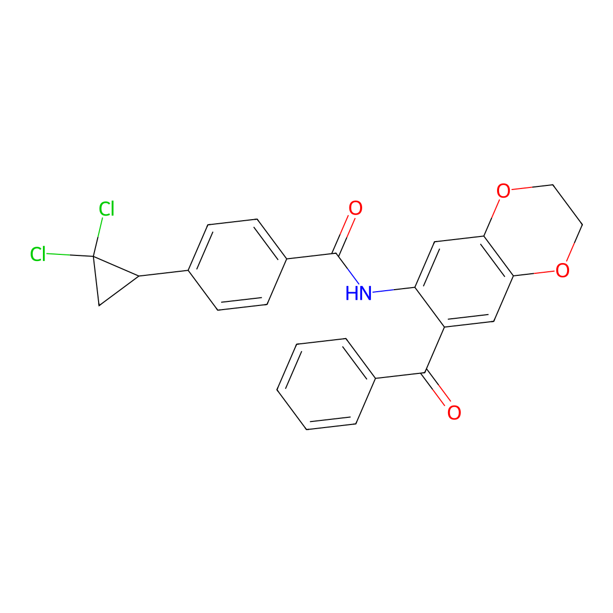 N-(7-benzoyl-2,3-dihydro-1,4-benzodioxin-6-yl)-4-(2,2-dichlorocyclopropyl)benzamide molecular structure, CAS 718601-12-8
