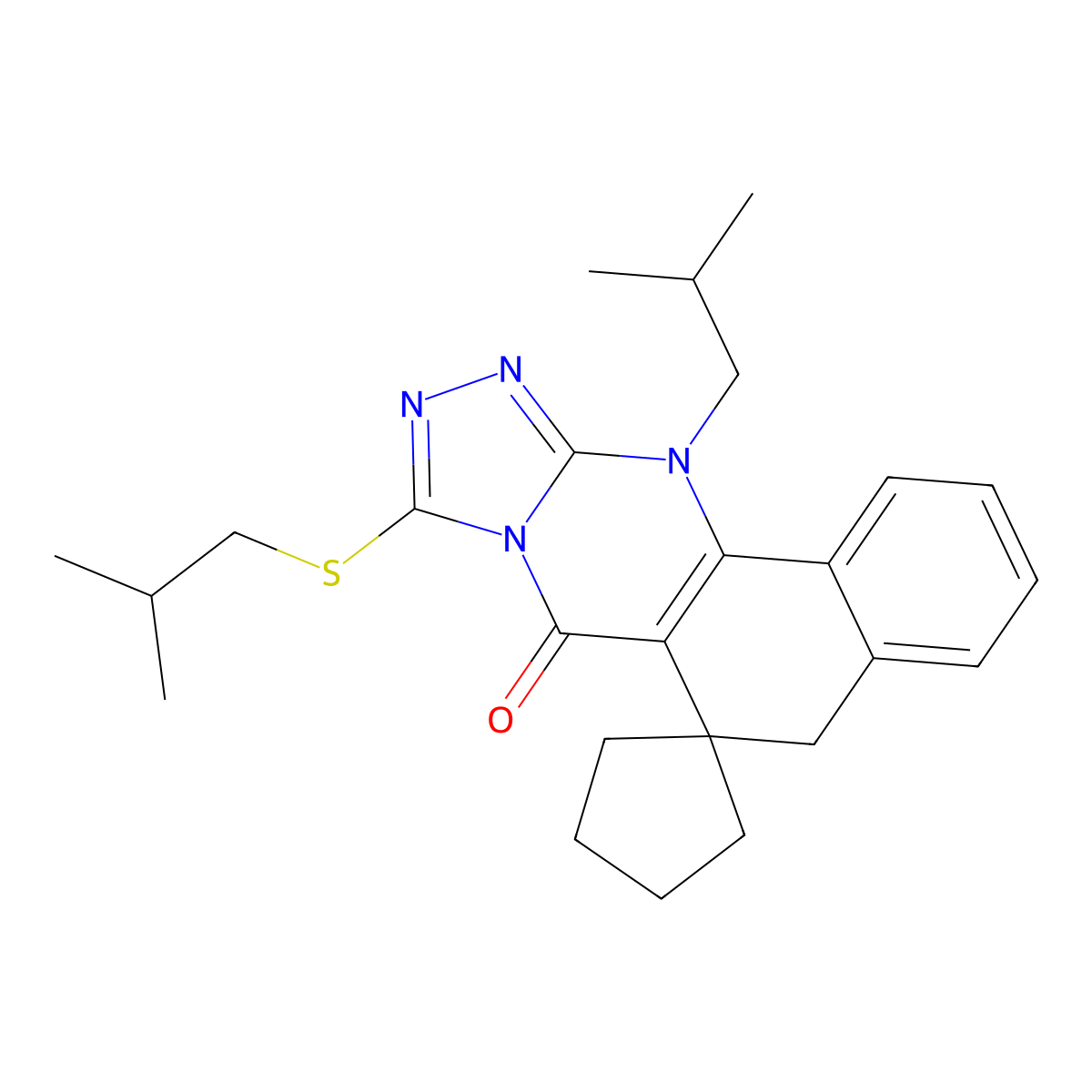 12-isobutyl-9-(isobutylthio)-5H-spiro[benzo[h][1,2,4]triazolo[3,4-b]quinazoline-6,1'-cyclopentan]-7(12H)-one molecular structure, CAS 718601-16-2