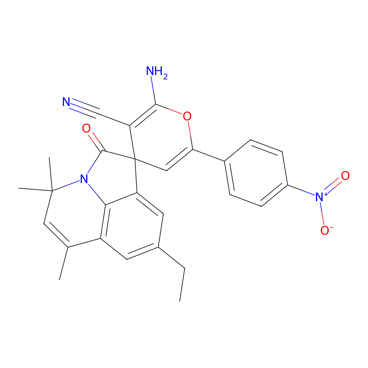 2-amino-8'-ethyl-4',4',6'-trimethyl-6-(4-nitrophenyl)-2'-oxo-4'H-spiro[pyran-4,1'-pyrrolo[3,2,1-ij]quinoline]-3-carbonitrile molecular structure, CAS 718601-60-6