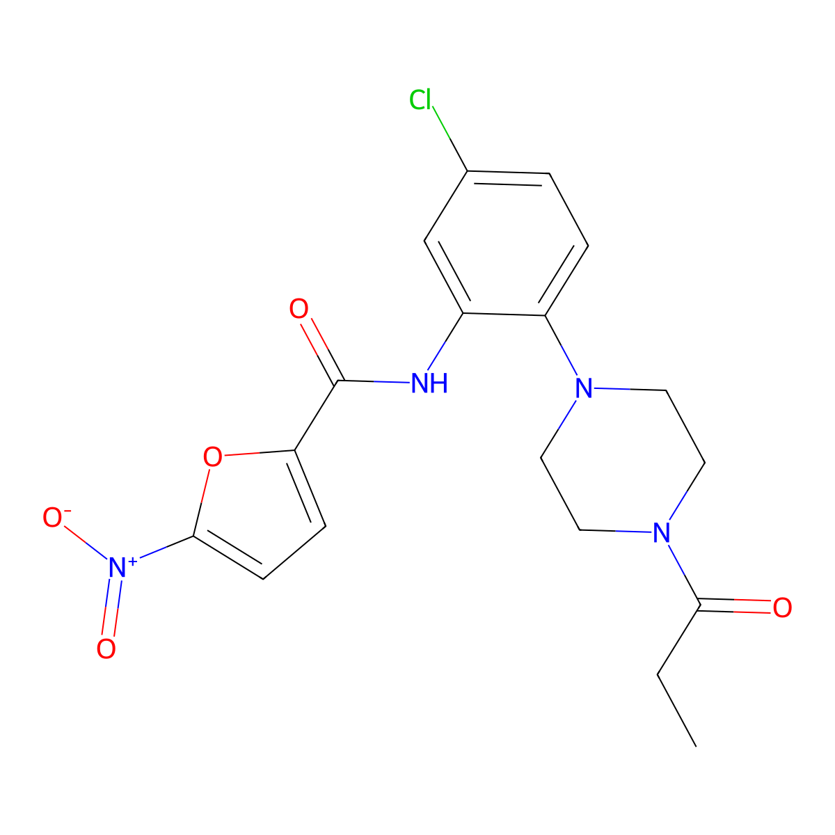 N-[5-chloro-2-(4-propanoylpiperazin-1-yl)phenyl]-5-nitrofuran-2-carboxamide molecular structure, CAS 718601-71-9