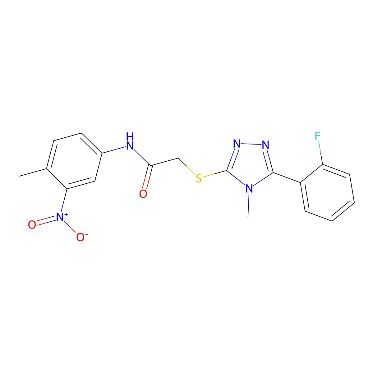 2-[[5-(2-fluorophenyl)-4-methyl-1,2,4-triazol-3-yl]sulfanyl]-N-(4-methyl-3-nitrophenyl)acetamide molecular structure, CAS 718602-40-5