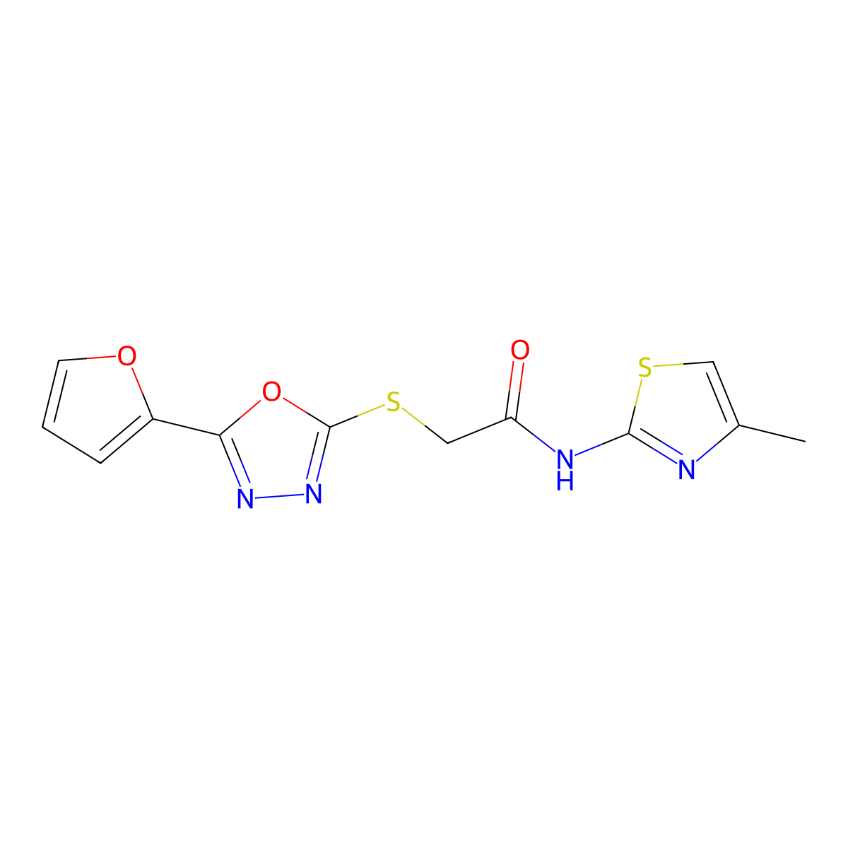 2-[[5-(furan-2-yl)-1,3,4-oxadiazol-2-yl]sulfanyl]-N-(4-methyl-1,3-thiazol-2-yl)acetamide molecular structure, CAS 718602-72-3