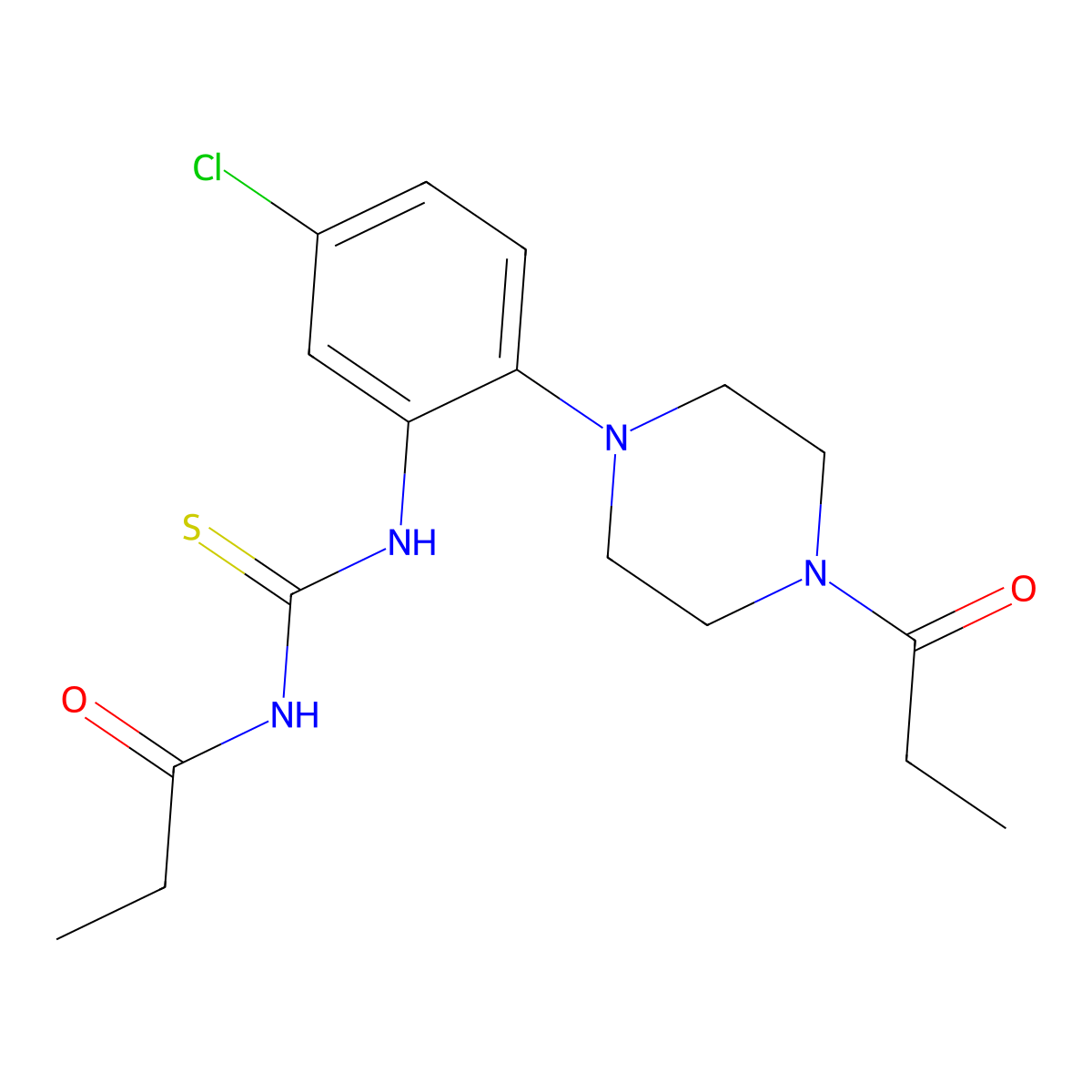 N-[[5-chloro-2-(4-propanoylpiperazin-1-yl)phenyl]carbamothioyl]propanamide molecular structure, CAS 718602-93-8