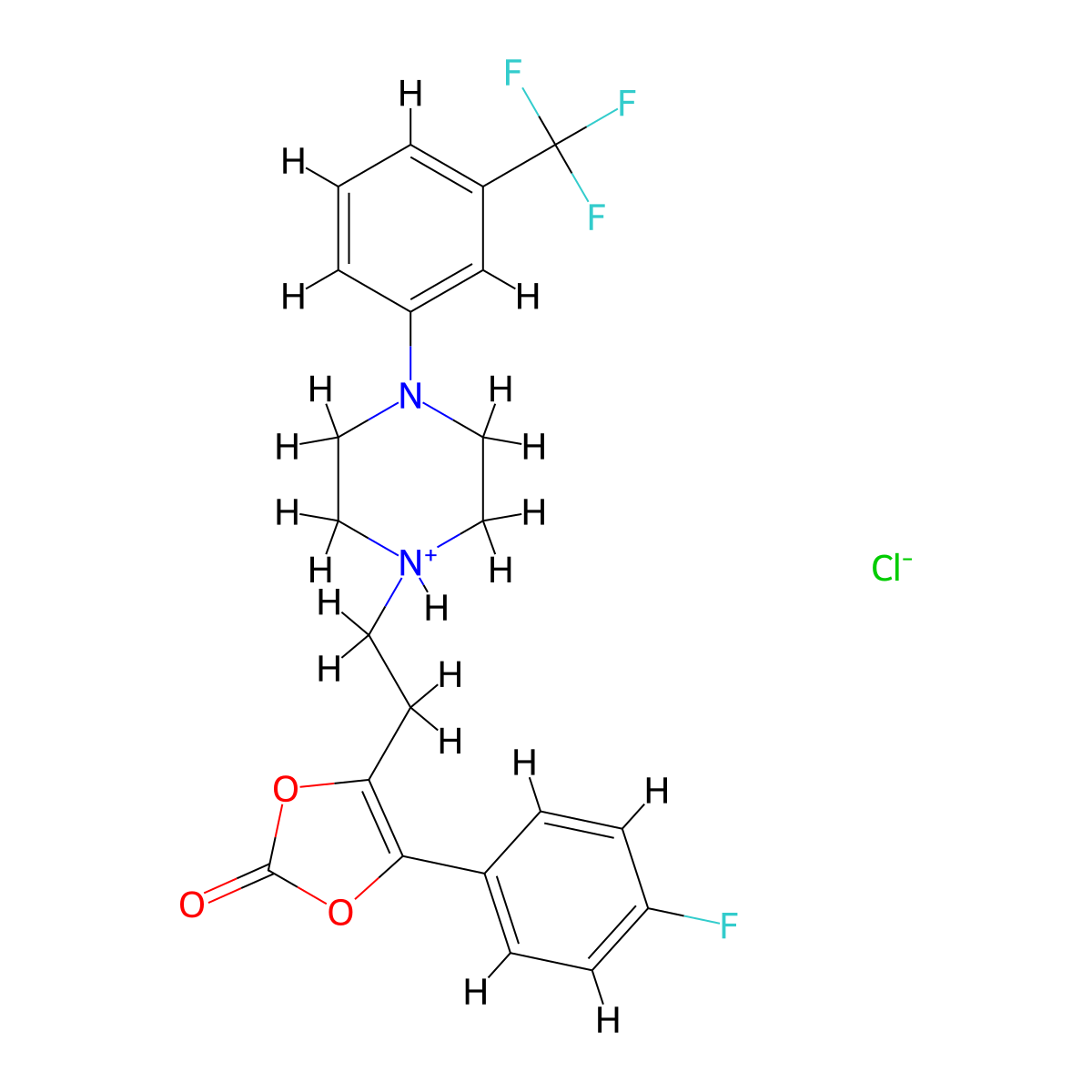 1,3-Dioxol-2-one, 4-(4-fluorophenyl)-5-(2-(4-(3-trifluoromethylphenyl)-1-piperazinyl)ethyl)-, hydrochloride molecular structure, CAS 71923-23-4