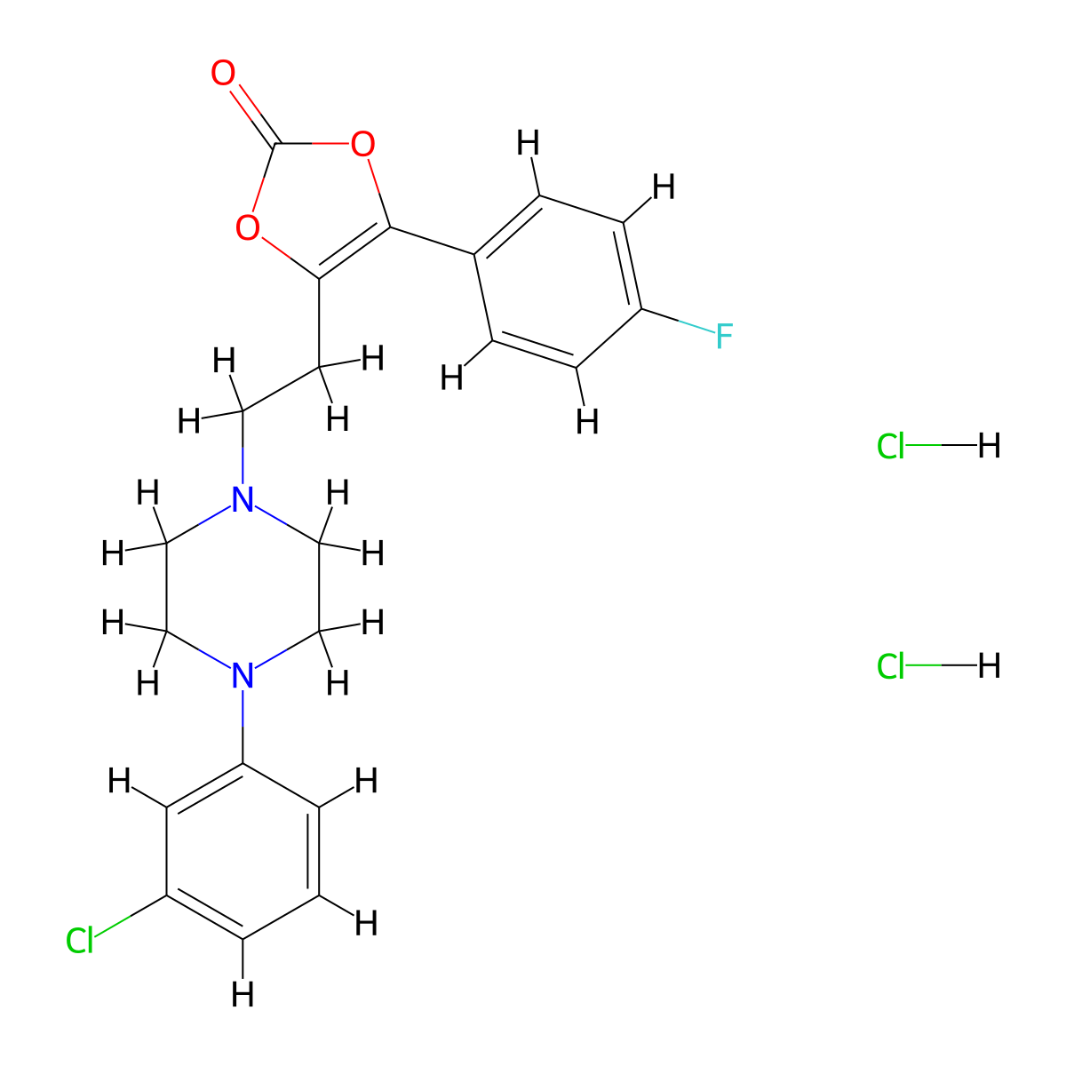 1,3-Dioxol-2-one, 5-(2-(4-(3-chlorophenyl)-1-piperazinyl)ethyl)-4-(4-fluorophenyl)-, dihydrochloride molecular structure, CAS 71923-24-5