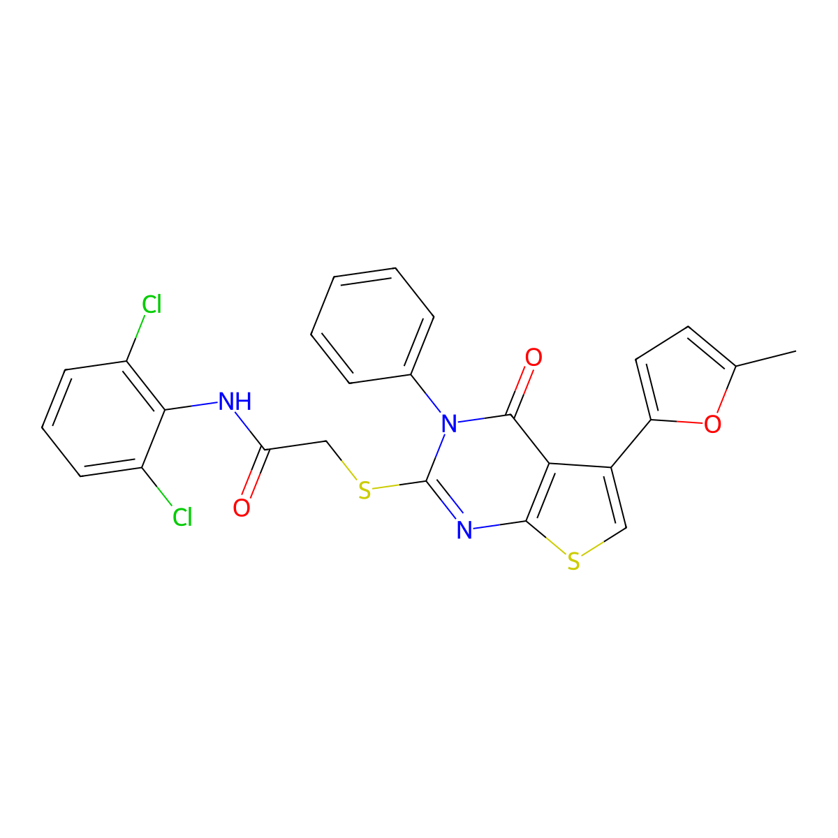 N-(2,6-dichlorophenyl)-2-[5-(5-methylfuran-2-yl)-4-oxo-3-phenylthieno[2,3-d]pyrimidin-2-yl]sulfanylacetamide molecular structure, CAS 719280-83-8
