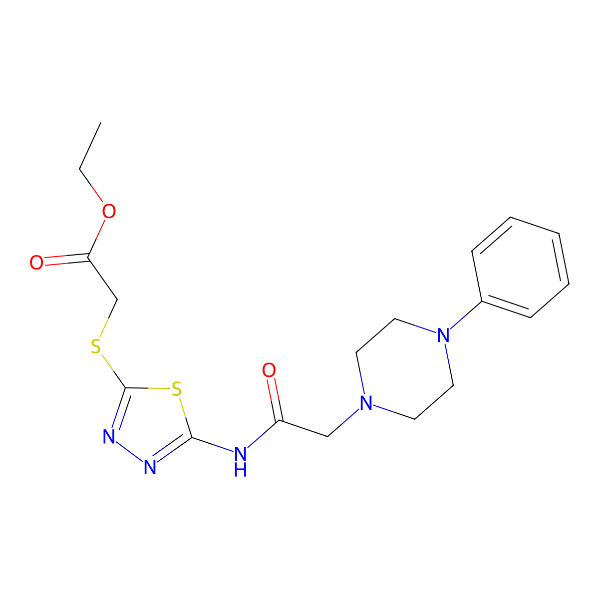 Ethyl 2-[[5-[[2-(4-phenylpiperazin-1-yl)acetyl]amino]-1,3,4-thiadiazol-2-yl]sulfanyl]acetate molecular structure, CAS 719286-49-4