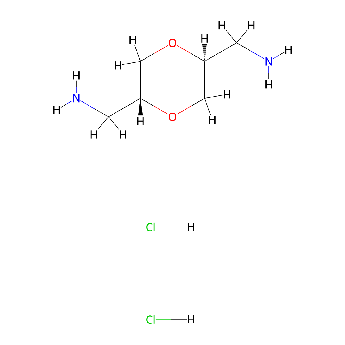 rac-1-[(2R,5S)-5-(aminomethyl)-1,4-dioxan-2-yl]methanamine dihydrochloride, trans molecular structure, CAS 71938-21-1