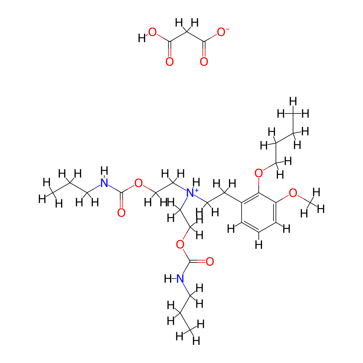 Carbamic acid, propyl-, diester with (2-butoxy-3-methoxyphenethyl)iminodiethanol, malonate, hydrate molecular structure, CAS 72017-27-7