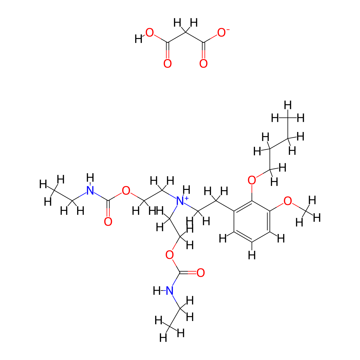 Carbamic acid, ethyl-, diester with (2-butoxy-3-methoxyphenethyl)iminodiethanol, malonate, hydrate molecular structure, CAS 72017-46-0