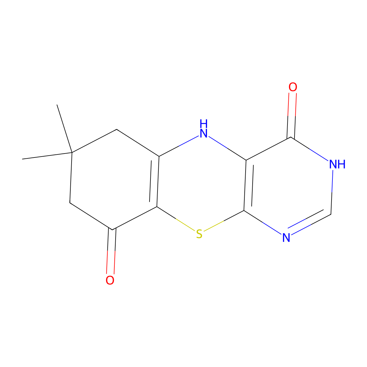 7,7-dimethyl-3,5,7,8-tetrahydro-4H-pyrimido[4,5-b][1,4]benzothiazine-4,9(6H)-dione molecular structure, CAS 72031-38-0
