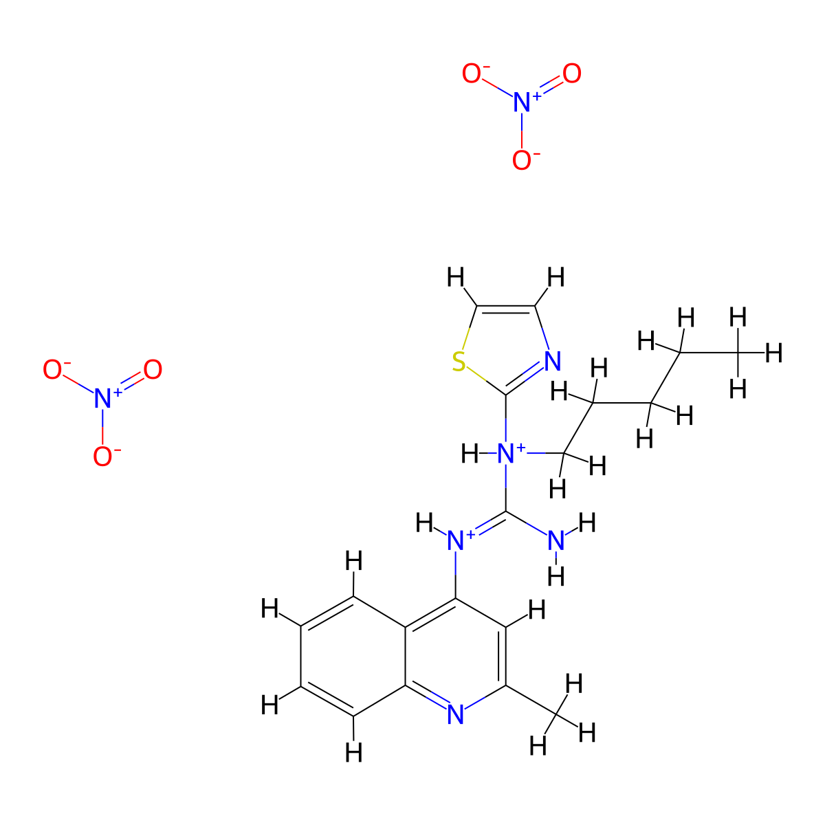 Guanidine, 1-pentyl-2-(2-methyl-4-quinolyl)-3-(2-thiazolyl)-, dinitrate molecular structure, CAS 72041-98-6