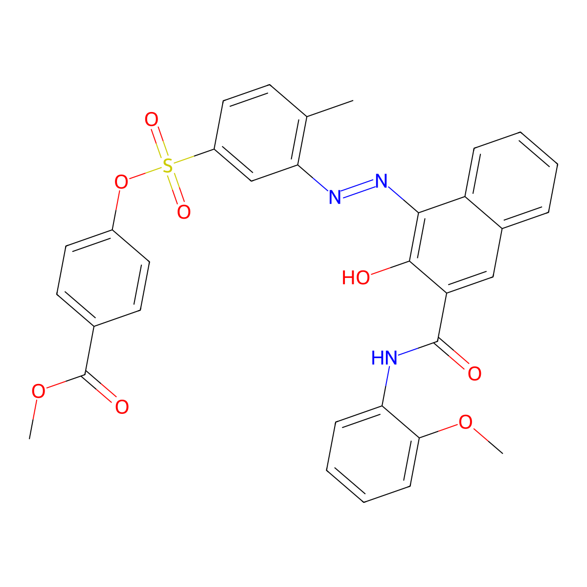 Benzoic acid, 4-(((3-(2-(2-hydroxy-3-(((2-methoxyphenyl)amino)carbonyl)-1-naphthalenyl)diazenyl)-4-methylphenyl)sulfonyl)oxy)-, methyl ester molecular structure, CAS 72066-77-4