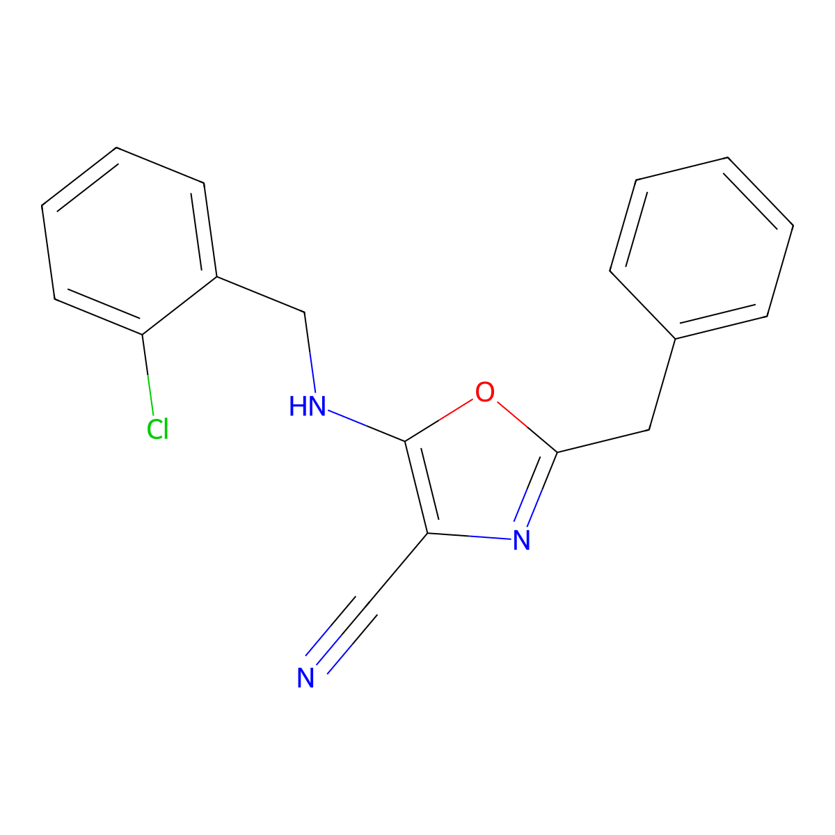 2-Benzyl-5-[(2-chlorobenzyl)amino]-1,3-oxazole-4-carbonitrile molecular structure, CAS 720670-84-8