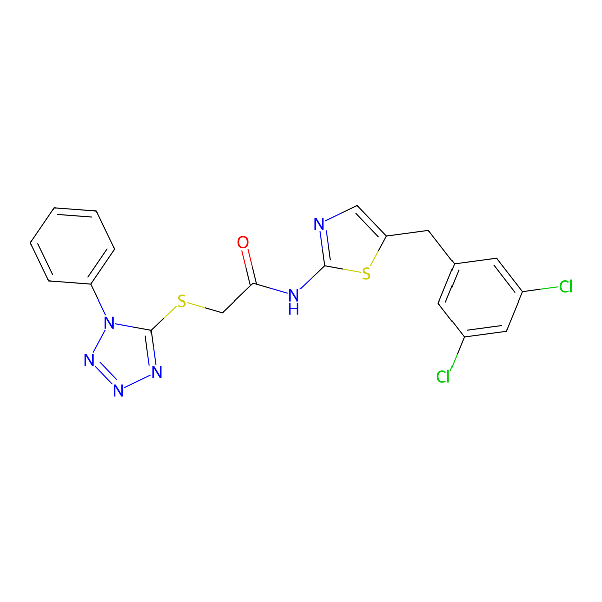 N-[5-[(3,5-dichlorophenyl)methyl]-1,3-thiazol-2-yl]-2-(1-phenyltetrazol-5-yl)sulfanylacetamide molecular structure, CAS 720671-39-6