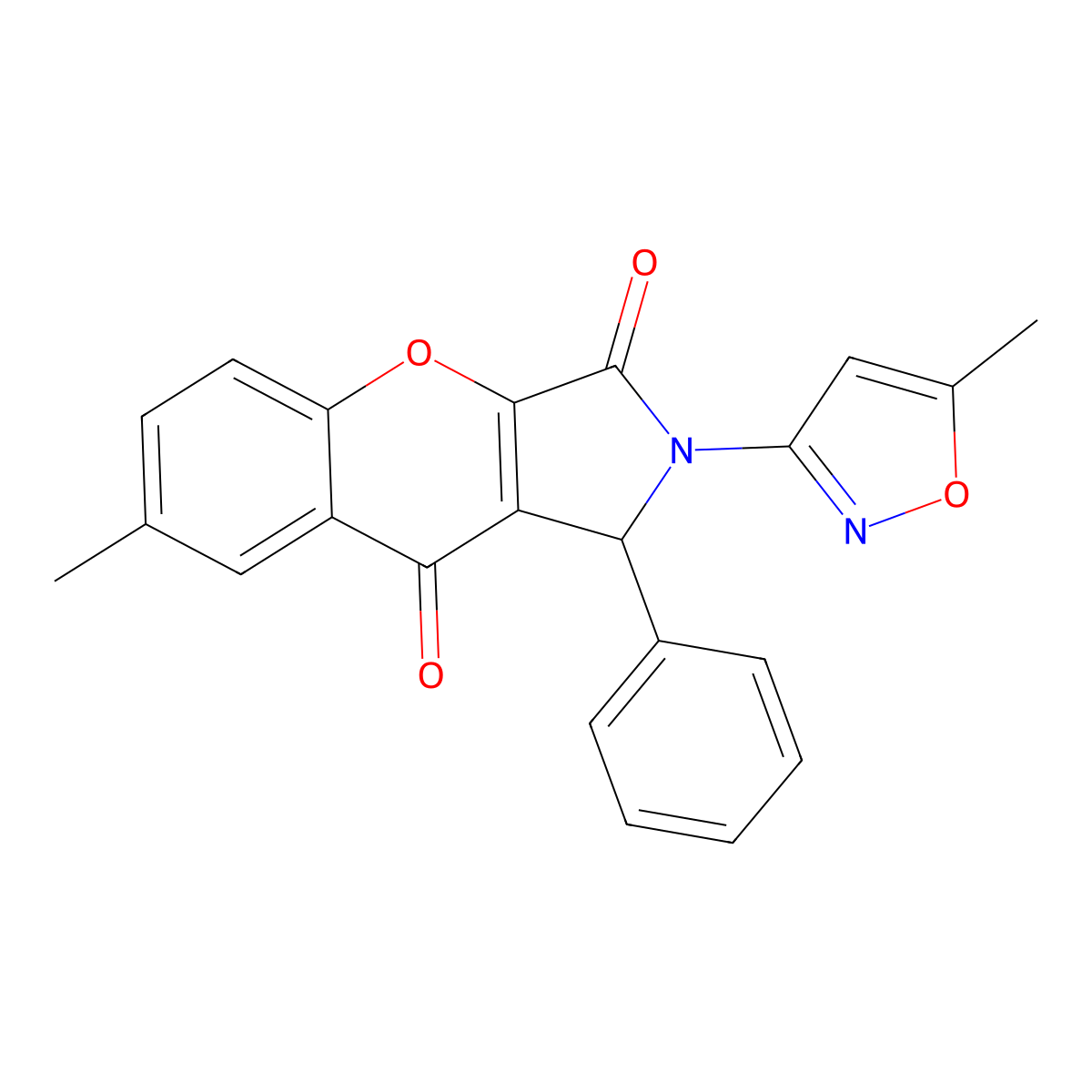 7-Methyl-2-(5-methyl-3-isoxazolyl)-1-phenyl-1,2-dihydrochromeno[2,3-c]pyrrole-3,9-dione molecular structure, CAS 720672-53-7