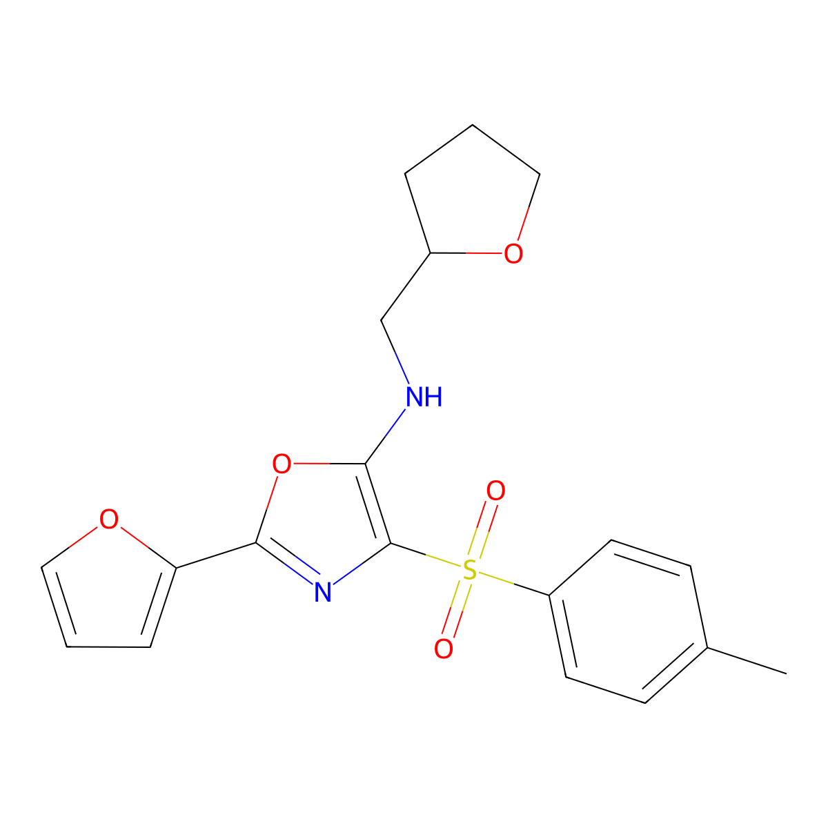 2-(furan-2-yl)-4-(4-methylphenyl)sulfonyl-N-(oxolan-2-ylmethyl)-1,3-oxazol-5-amine molecular structure, CAS 720672-79-7