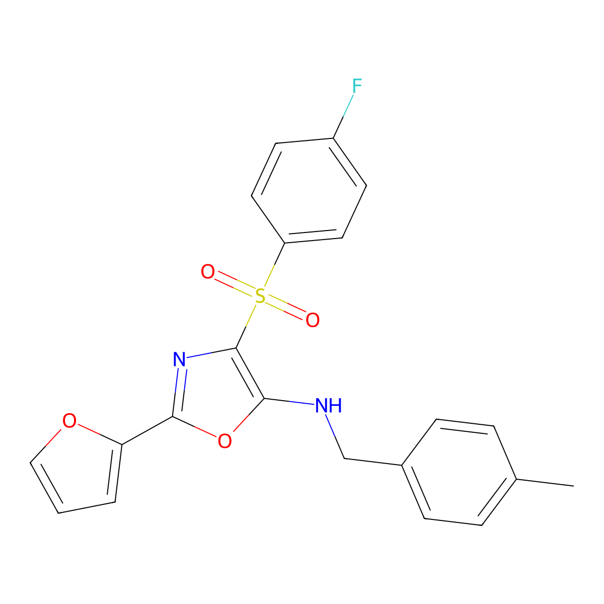 4-(4-fluorophenyl)sulfonyl-2-(furan-2-yl)-N-[(4-methylphenyl)methyl]-1,3-oxazol-5-amine molecular structure, CAS 720672-87-7