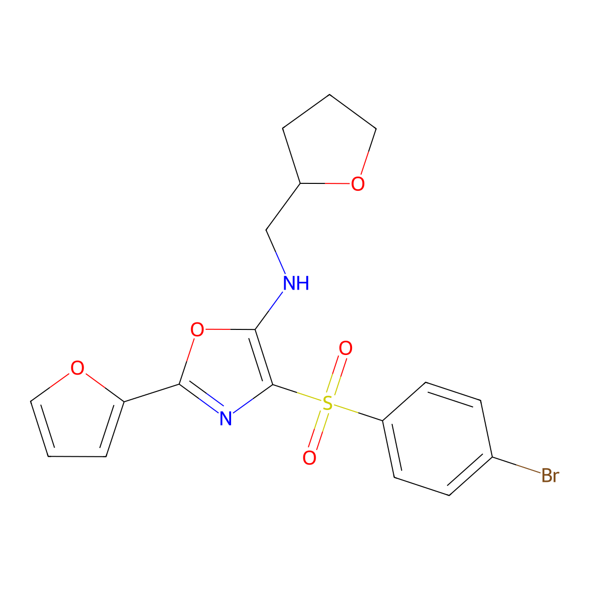 4-((4-bromophenyl)sulfonyl)-2-(furan-2-yl)-N-((tetrahydrofuran-2-yl)methyl)oxazol-5-amine molecular structure, CAS 720673-12-1