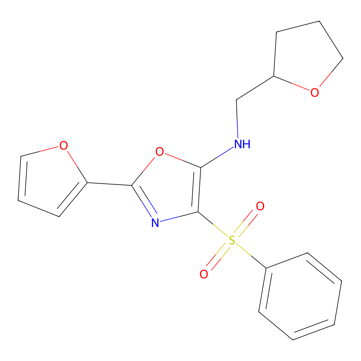 4-(benzenesulfonyl)-2-(furan-2-yl)-N-(oxolan-2-ylmethyl)-1,3-oxazol-5-amine molecular structure, CAS 720673-15-4