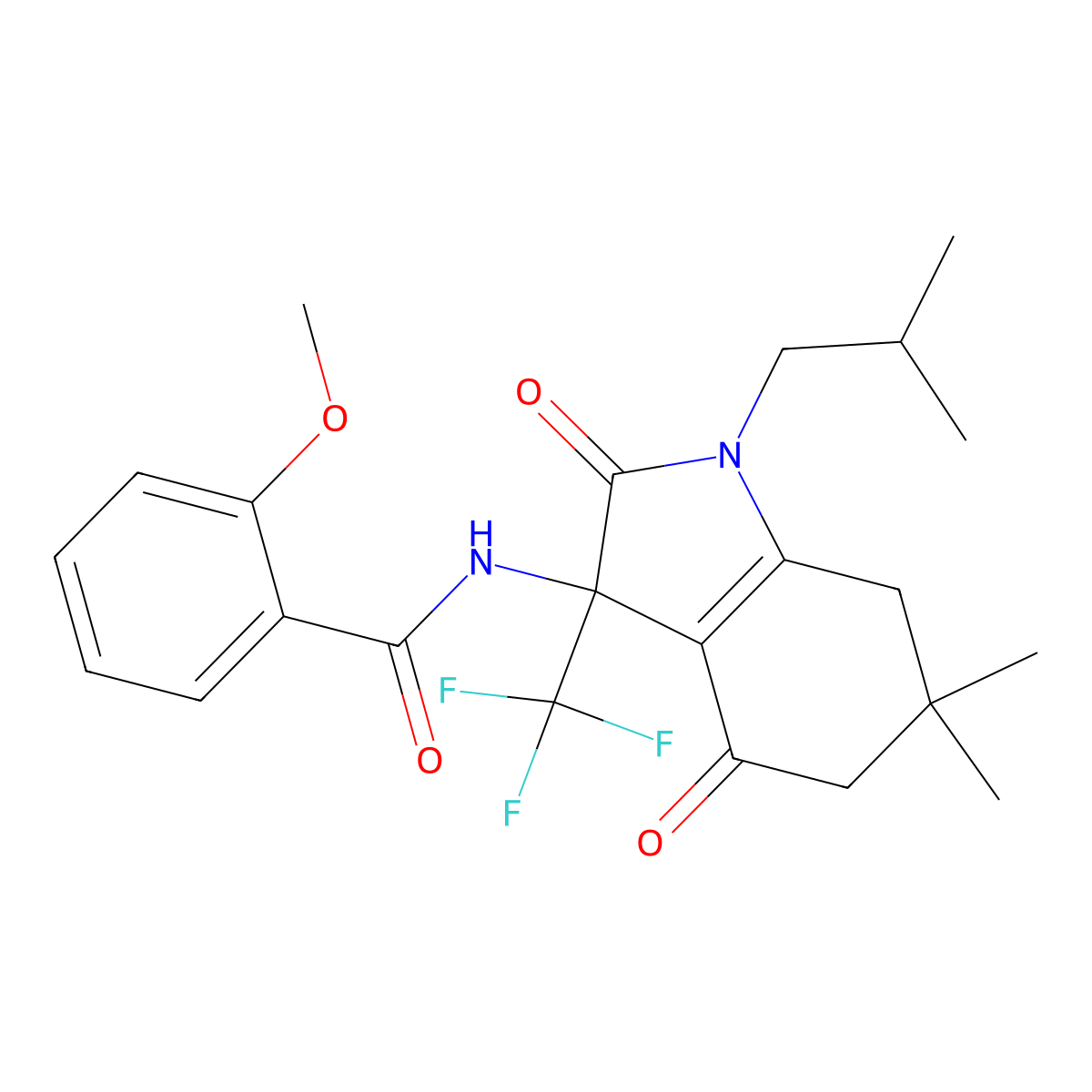 N-[6,6-dimethyl-1-(2-methylpropyl)-2,4-dioxo-3-(trifluoromethyl)-5,7-dihydroindol-3-yl]-2-methoxybenzamide molecular structure, CAS 720677-72-5