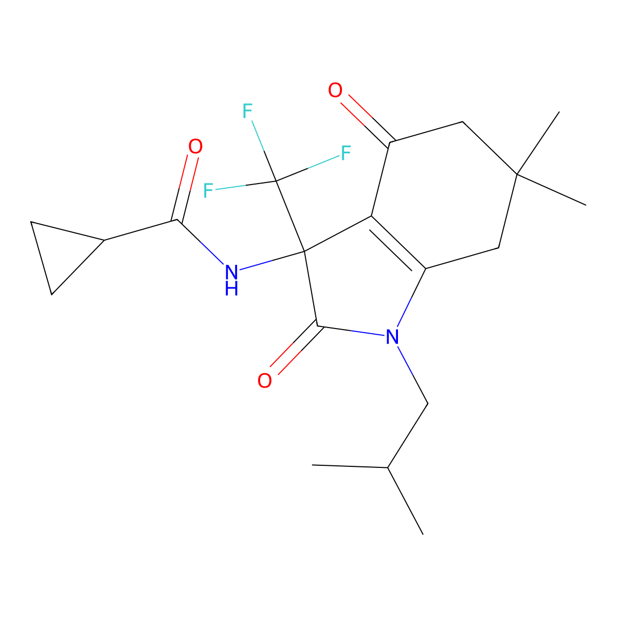 N-[6,6-dimethyl-1-(2-methylpropyl)-2,4-dioxo-3-(trifluoromethyl)-5,7-dihydroindol-3-yl]cyclopropanecarboxamide molecular structure, CAS 720677-74-7