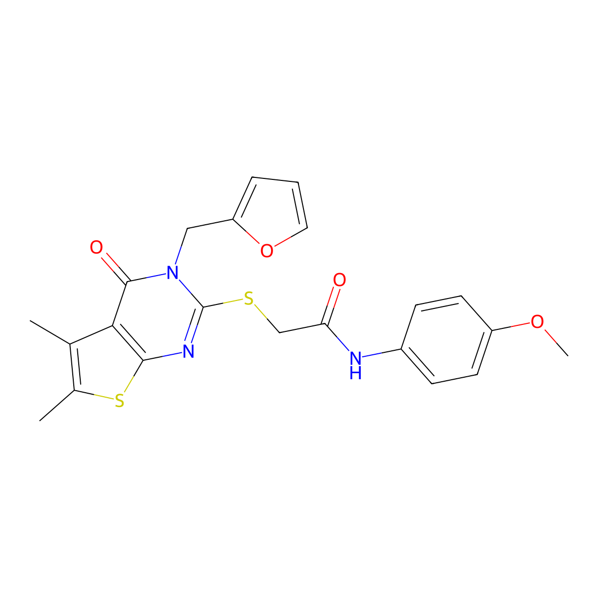 2-[3-(furan-2-ylmethyl)-5,6-dimethyl-4-oxothieno[2,3-d]pyrimidin-2-yl]sulfanyl-N-(4-methoxyphenyl)acetamide molecular structure, CAS 720677-85-0