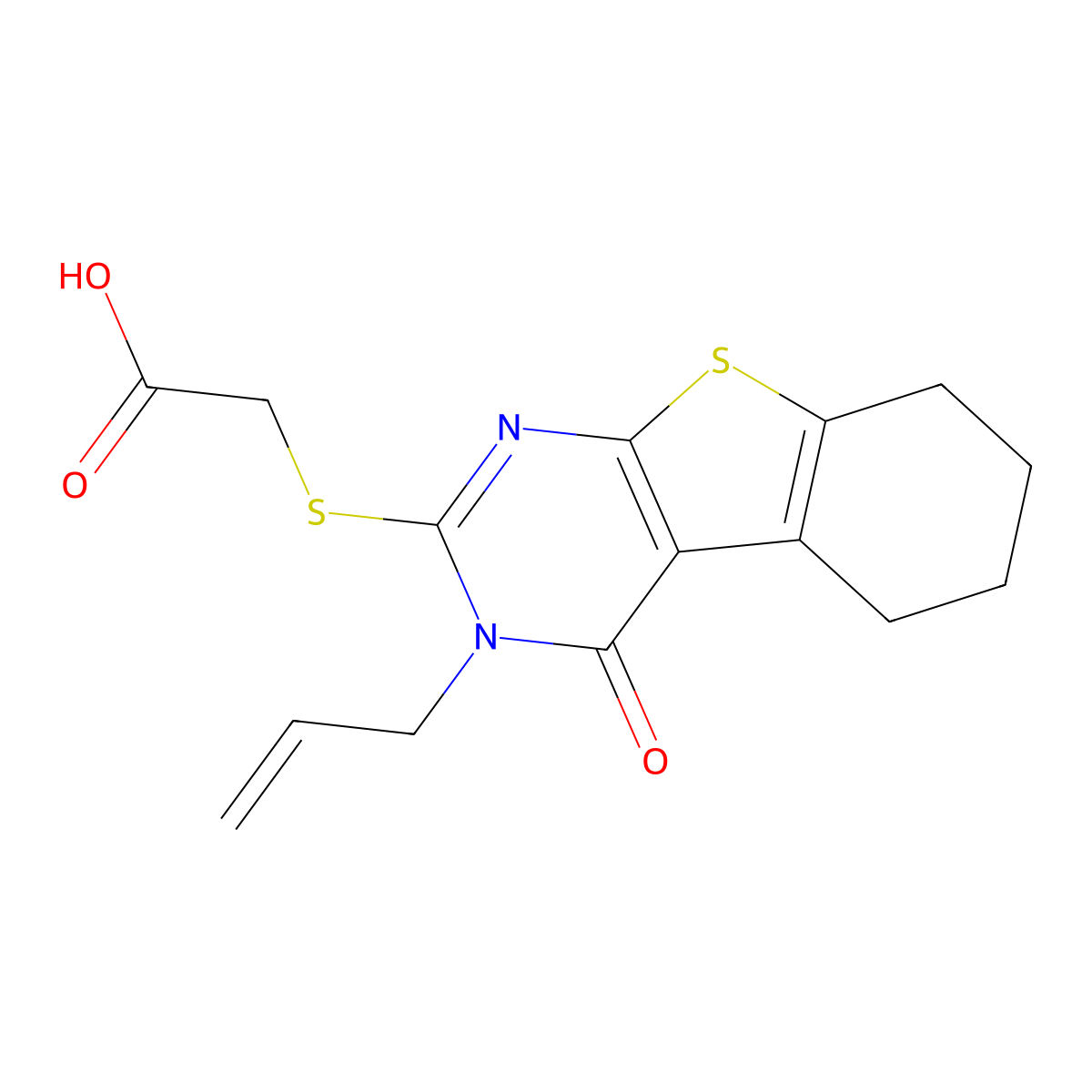 2-[(4-Oxo-3-prop-2-enyl-5,6,7,8-tetrahydro-[1]benzothiolo[2,3-d]pyrimidin-2-yl)sulfanyl]acetic acid molecular structure, CAS 72107-16-5