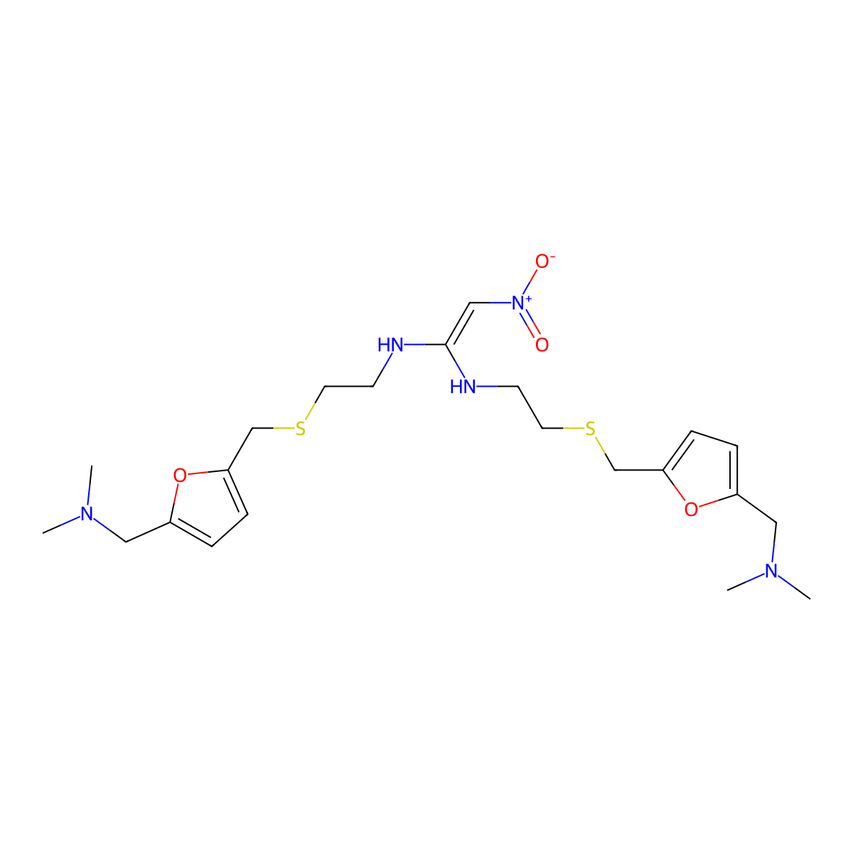 N,N'-Bis(2-(((5-((dimethylamino)methyl)furan-2-yl)methyl)sulfanyl)ethyl)-2-nitroethene-1,1-diamine molecular structure, CAS 72126-78-4