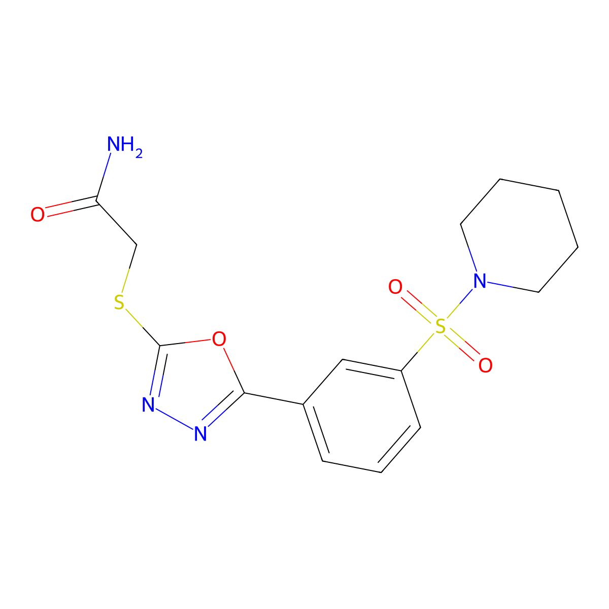 2-{5-[3-(Piperidylsulfonyl)phenyl]-1,3,4-oxadiazol-2-ylthio}acetamide molecular structure, CAS 721404-32-6
