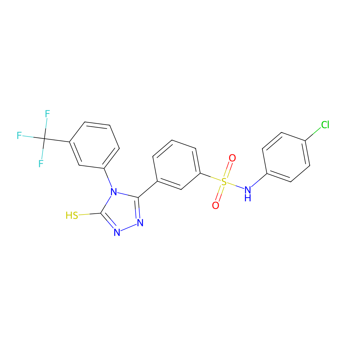 N-(4-chlorophenyl)-3-{5-sulfanyl-4-[3-(trifluoromethyl)phenyl]-4H-1,2,4-triazol-3-yl}benzene-1-sulfonamide molecular structure, CAS 721408-72-6