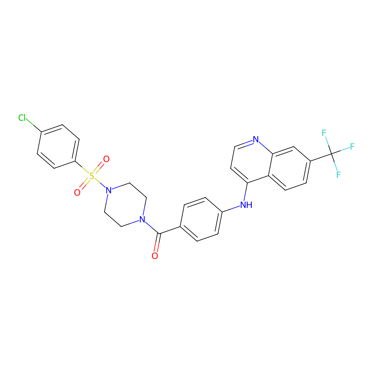 Piperazine, 1-((4-chlorophenyl)sulfonyl)-4-(4-((7-(trifluoromethyl)-4-quinolinyl)amino)benzoyl)- molecular structure, CAS 72141-56-1