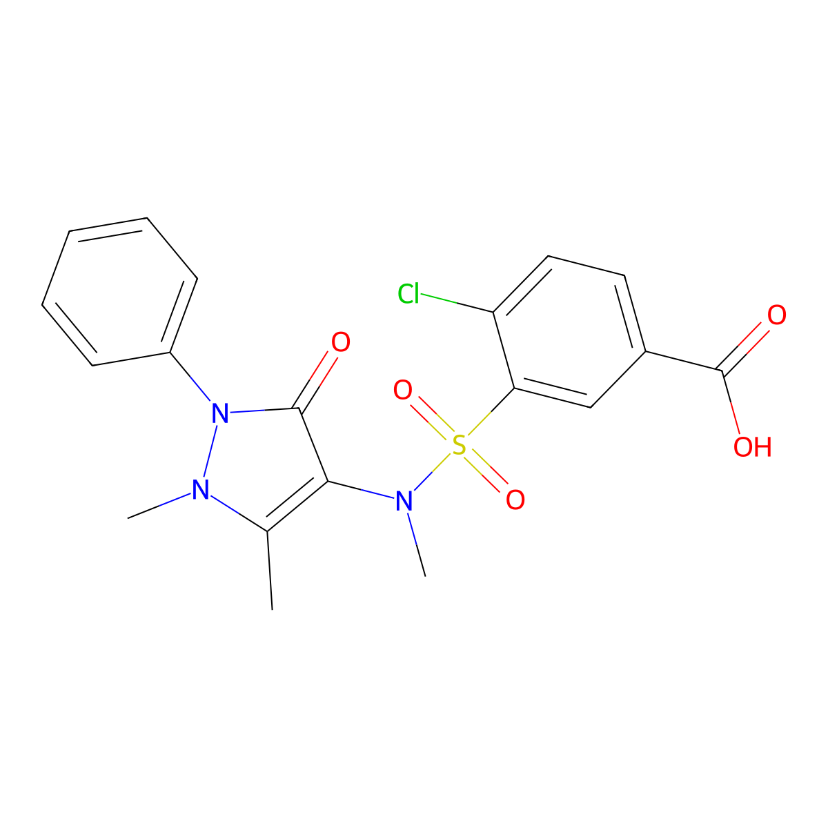 4-chloro-3-((1,5-dimethyl-3-oxo-2-phenyl-2,3-dihydro-1H-pyrazol-4-yl)(methyl)sulfamoyl)benzoic acid molecular structure, CAS 721414-83-1