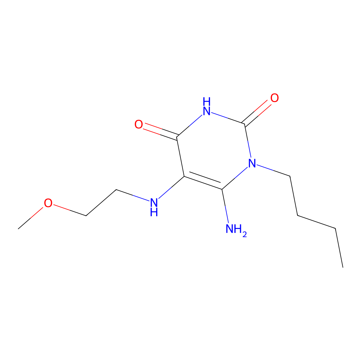 6-Amino-1-butyl-5-[(2-methoxyethyl)amino]-1,2,3,4-tetrahydropyrimidine-2,4-dione molecular structure, CAS 721414-93-3