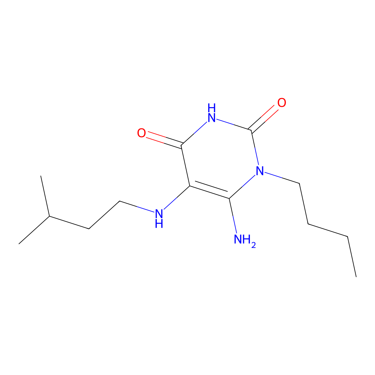 6-Amino-1-butyl-5-[(3-methylbutyl)amino]-1,2,3,4-tetrahydropyrimidine-2,4-dione molecular structure, CAS 721415-01-6