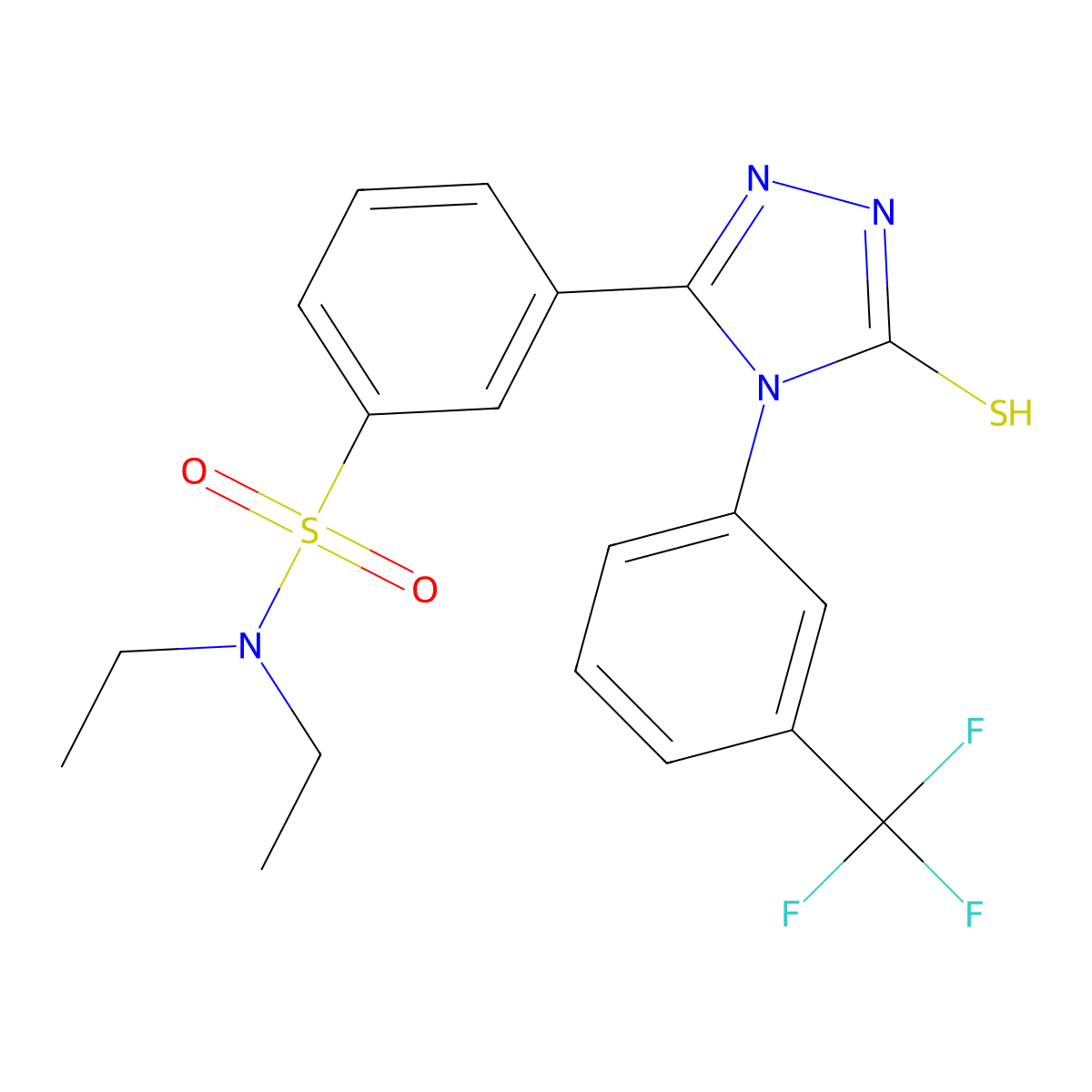 N,N-diethyl-3-{5-sulfanyl-4-[3-(trifluoromethyl)phenyl]-4H-1,2,4-triazol-3-yl}benzene-1-sulfonamide molecular structure, CAS 721415-63-0