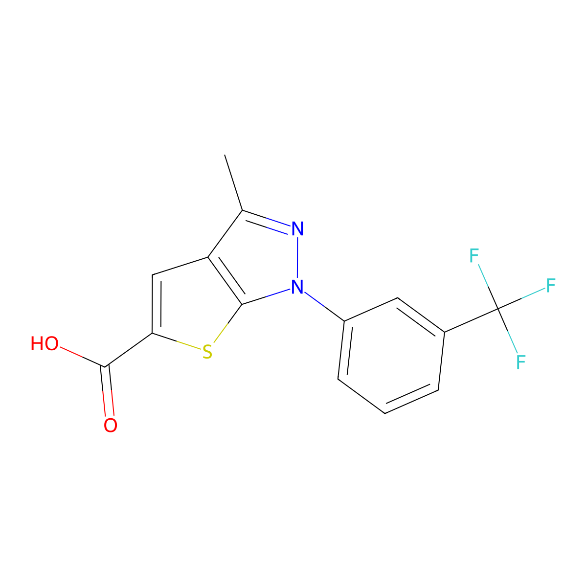 3-methyl-1-[3-(trifluoromethyl)phenyl]-1H-thieno[2,3-c]pyrazole-5-carboxylic acid molecular structure, CAS 721415-89-0