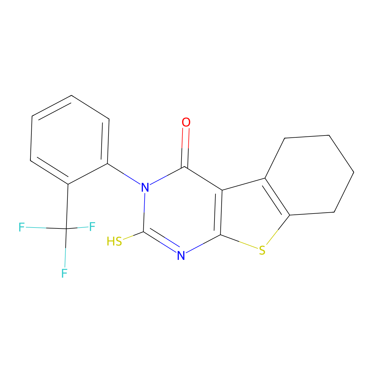 5-Sulfanyl-4-[2-(trifluoromethyl)phenyl]-8-thia-4,6-diazatricyclo[7.4.0.0,2,7]trideca-1(9),2(7),5-trien-3-one molecular structure, CAS 721418-50-4