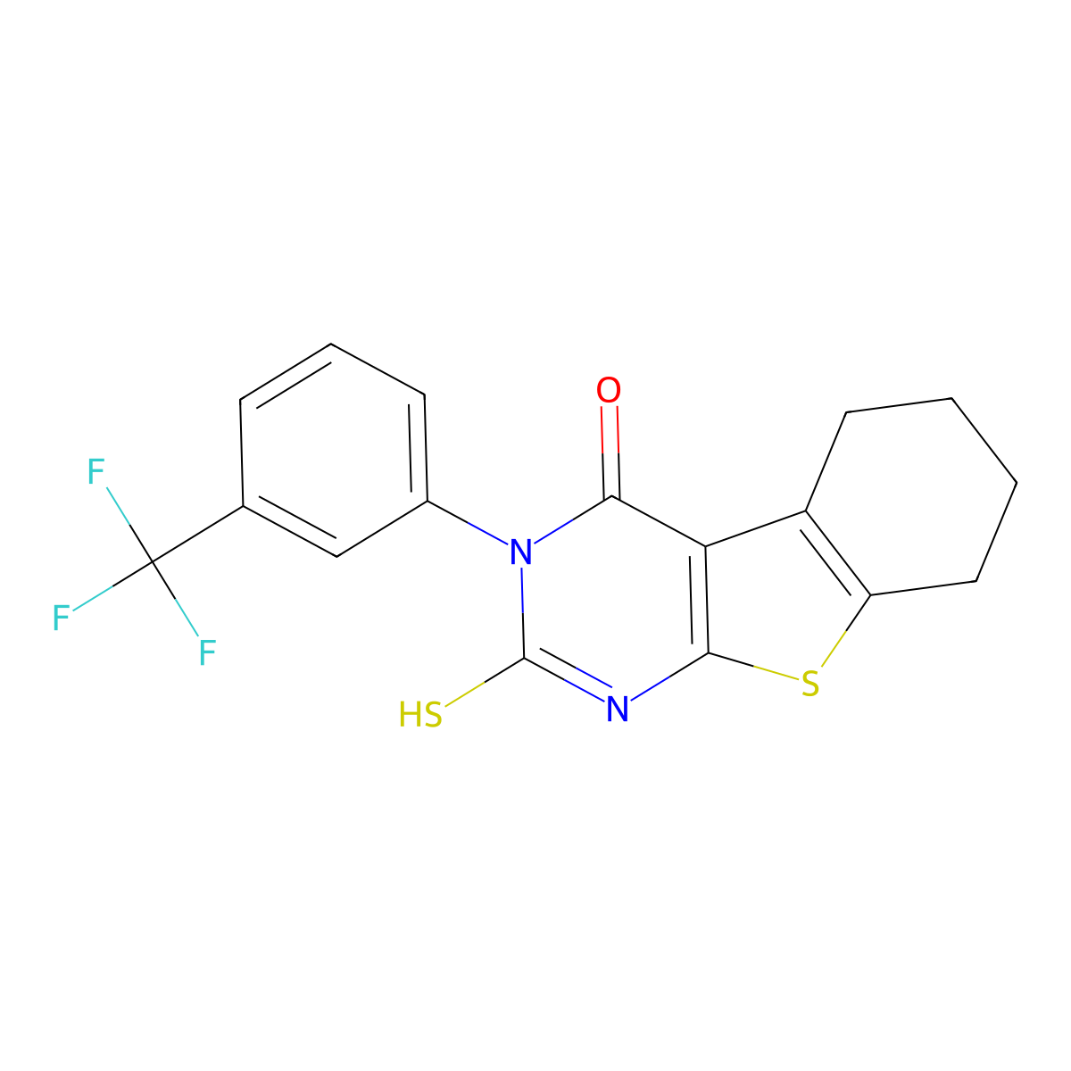 5-Sulfanyl-4-[3-(trifluoromethyl)phenyl]-8-thia-4,6-diazatricyclo[7.4.0.0,2,7]trideca-1(9),2(7),5-trien-3-one molecular structure, CAS 721426-49-9