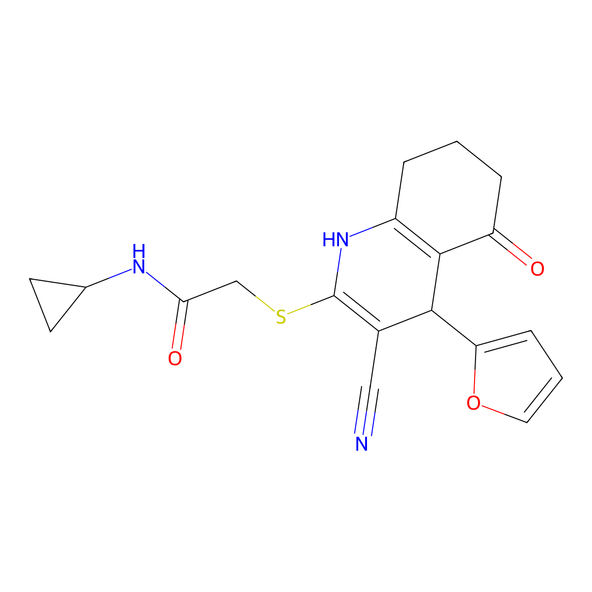 2-{[3-cyano-4-(furan-2-yl)-5-oxo-1,4,5,6,7,8-hexahydroquinolin-2-yl]sulfanyl}-N-cyclopropylacetamide molecular structure, CAS 721431-85-2