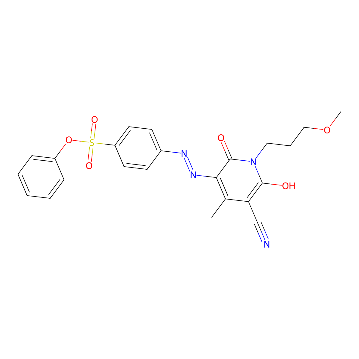 Benzenesulfonic acid, 4-[[5-cyano-1,6-dihydro-2-hydroxy-1-(3-methoxypropyl)-4-methyl-6-oxo-3-pyridinyl]azo]-, phenyl ester molecular structure, CAS 72152-88-6