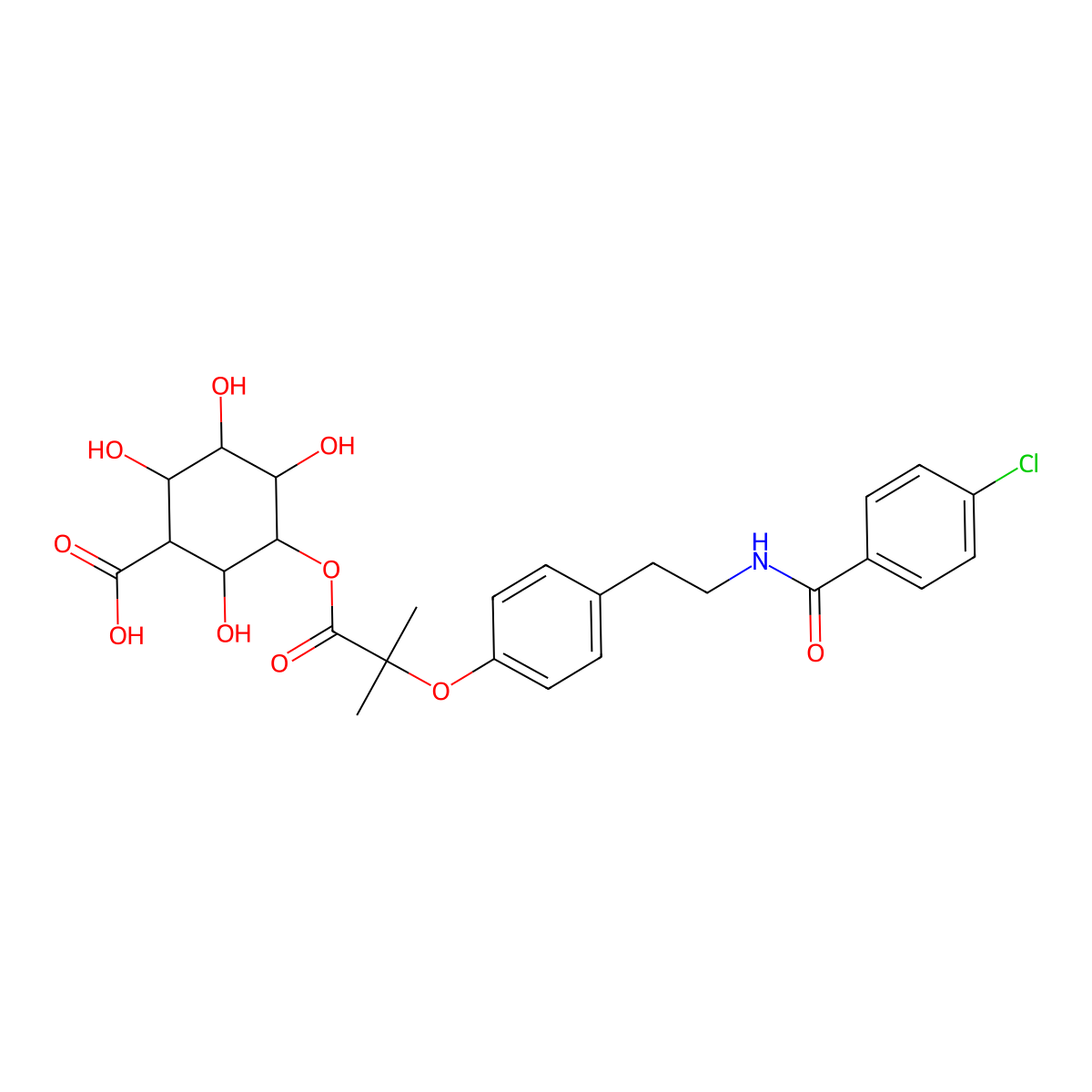 3-[2-[4-[2-[(4-Chlorobenzoyl)amino]ethyl]phenoxy]-2-methylpropanoyl]oxy-2,4,5,6-tetrahydroxycyclohexane-1-carboxylic acid molecular structure, CAS 72156-77-5