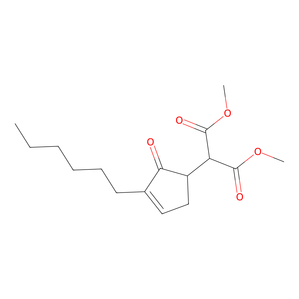 Propanedioic acid, 2-(3-hexyl-2-oxo-3-cyclopenten-1-yl)-, 1,3-dimethyl ester molecular structure, CAS 72187-23-6