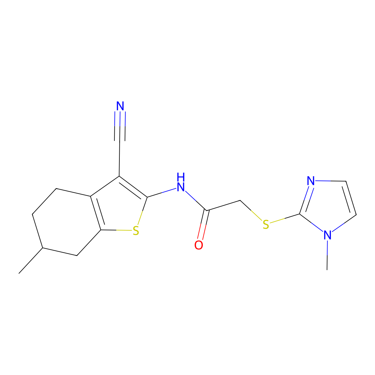 N-(3-cyano-6-methyl-4,5,6,7-tetrahydro-1-benzothiophen-2-yl)-2-[(1-methyl-1H-imidazol-2-yl)sulfanyl]acetamide molecular structure, CAS 721884-00-0