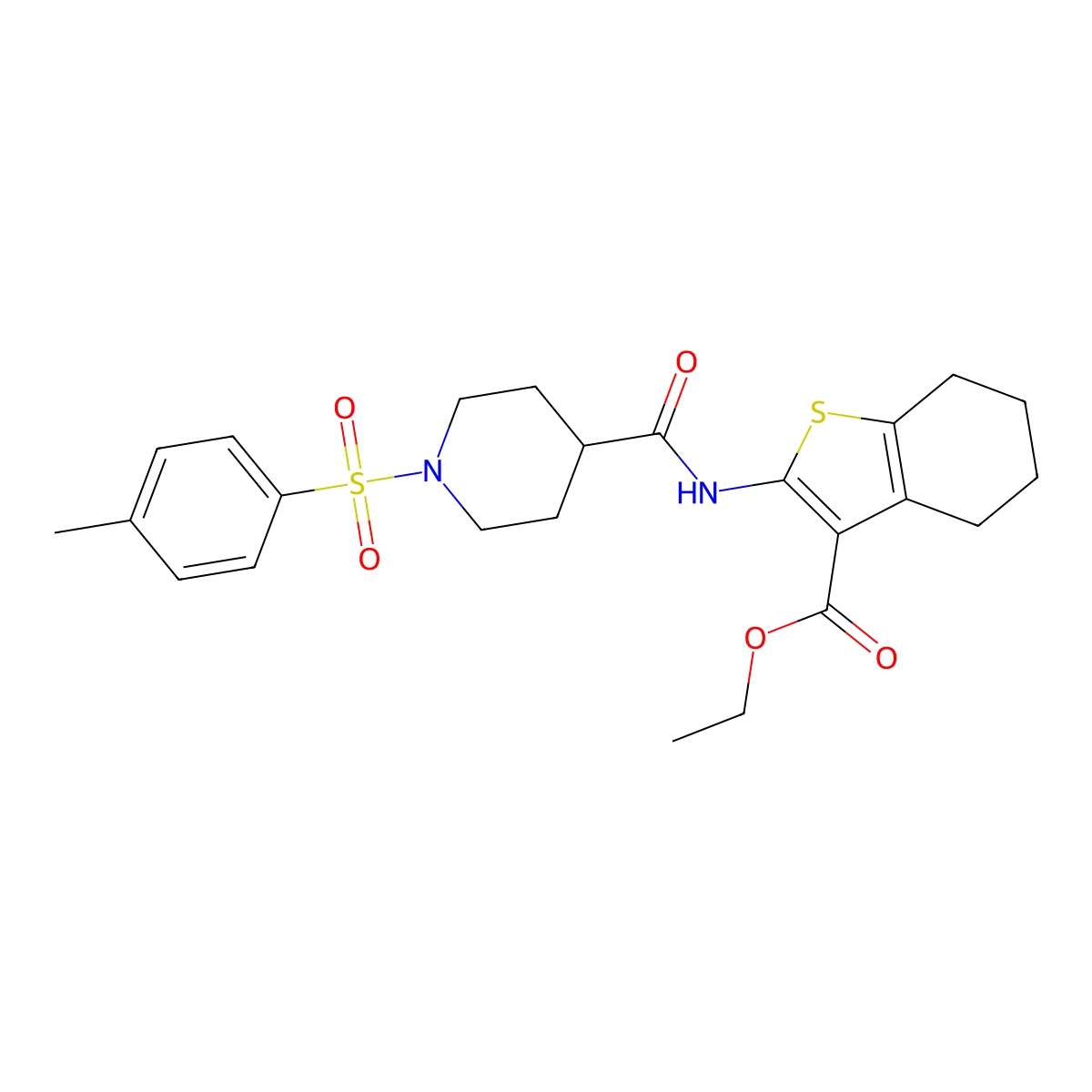 Ethyl 2-(1-tosylpiperidine-4-carboxamido)-4,5,6,7-tetrahydrobenzo[b]thiophene-3-carboxylate molecular structure, CAS 721886-73-3