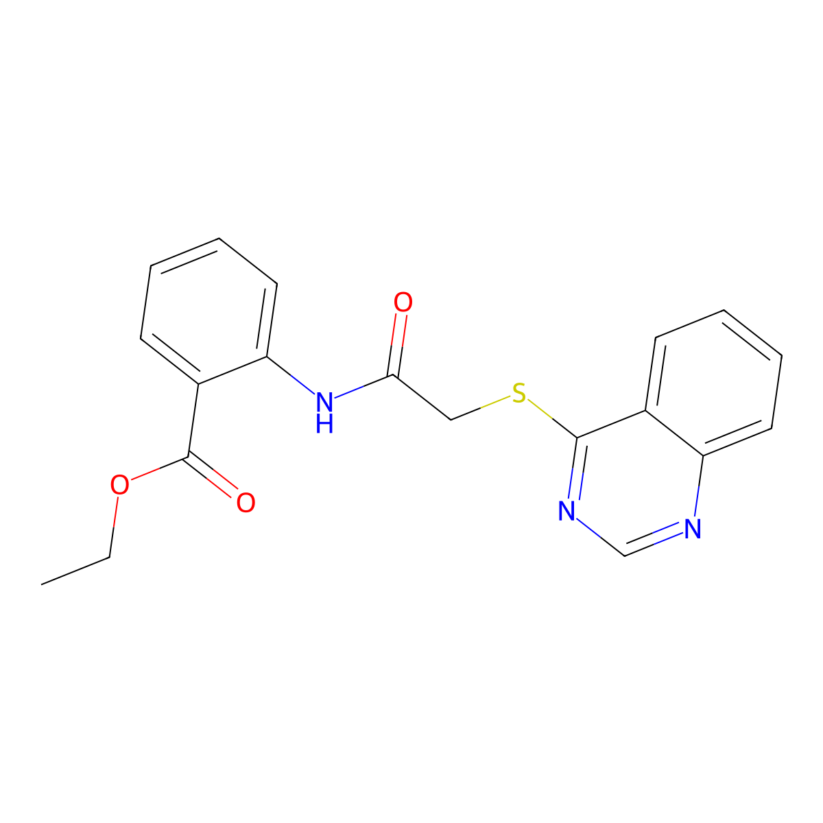 Ethyl 2-(2-(quinazolin-4-ylthio)acetamido)benzoate molecular structure, CAS 721892-40-6