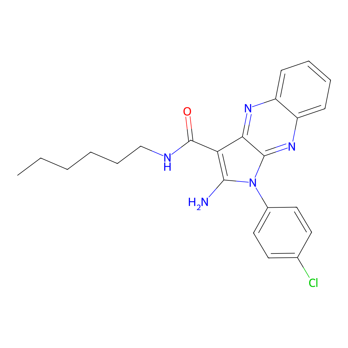 2-amino-1-(4-chlorophenyl)-N-hexyl-1H-pyrrolo[2,3-b]quinoxaline-3-carboxamide molecular structure, CAS 721901-09-3